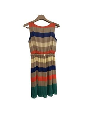 Freeway Dress Size Medium Tan Orange Yellow Blue Green Stripes Sleeveless Belt